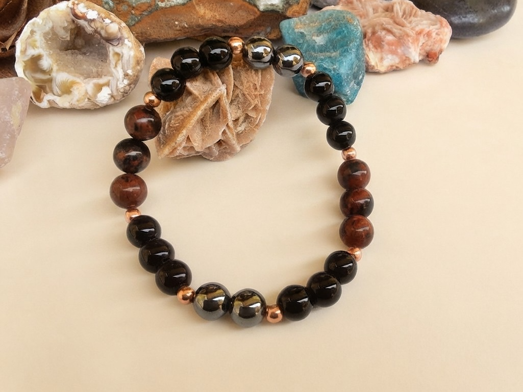 Bracciale in Ossidiana Mogano, Ematite e Onice – Perle naturali da 8 mm