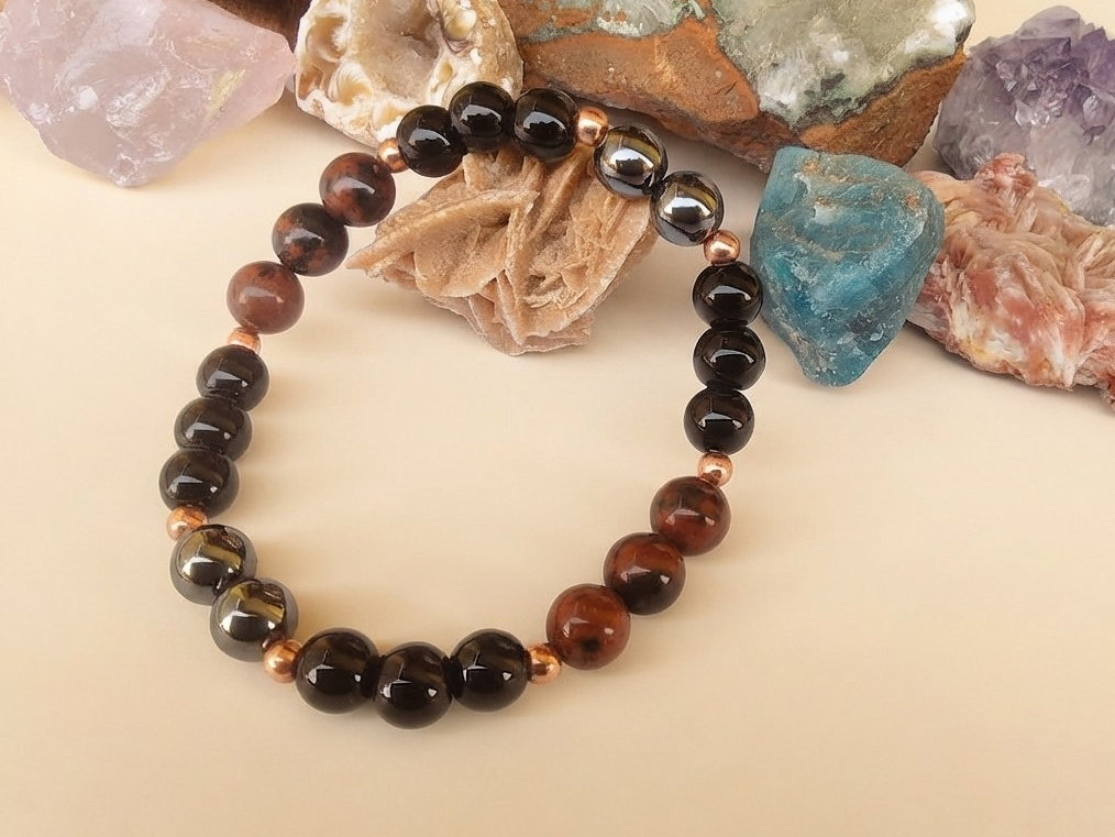 Bracciale in Ossidiana Mogano, Ematite e Onice – Perle naturali da 8 mm