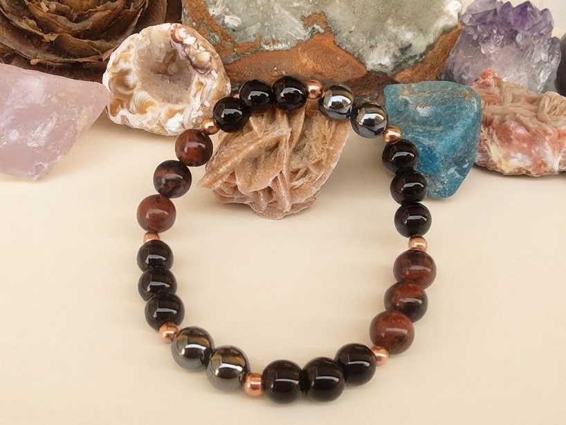 Bracciale in Ossidiana Mogano, Ematite e Onice – Perle naturali da 8 mm