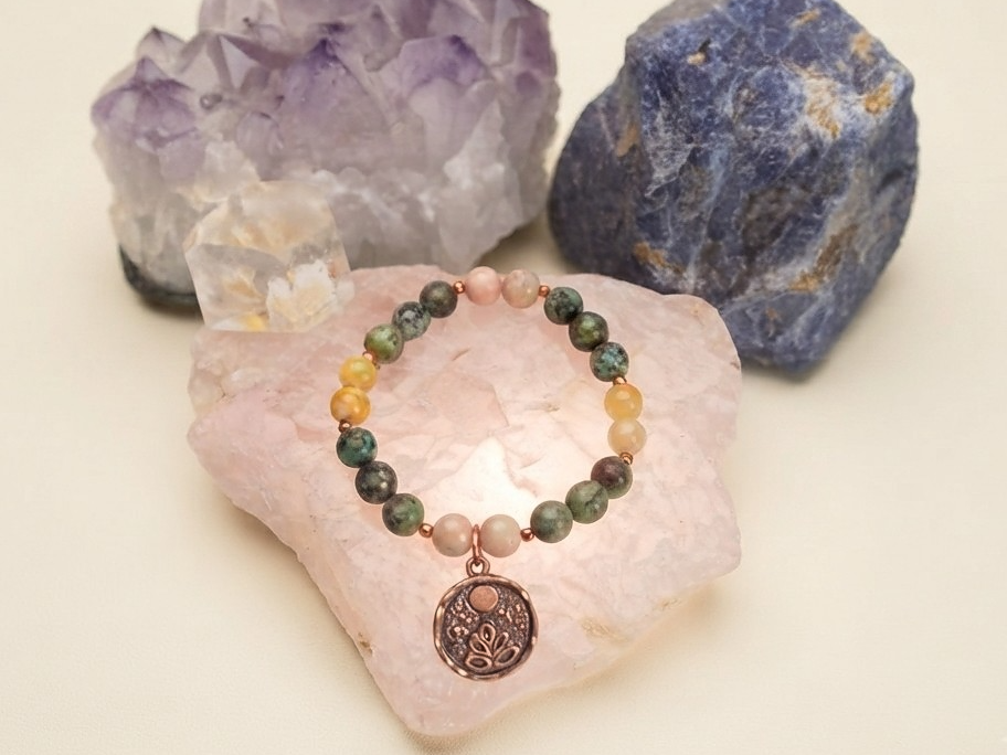 Bracciale in Rodonite, Calcite Gialla e Turchese Africano con Charm Fiore di Loto – Perle naturali da 8 mm