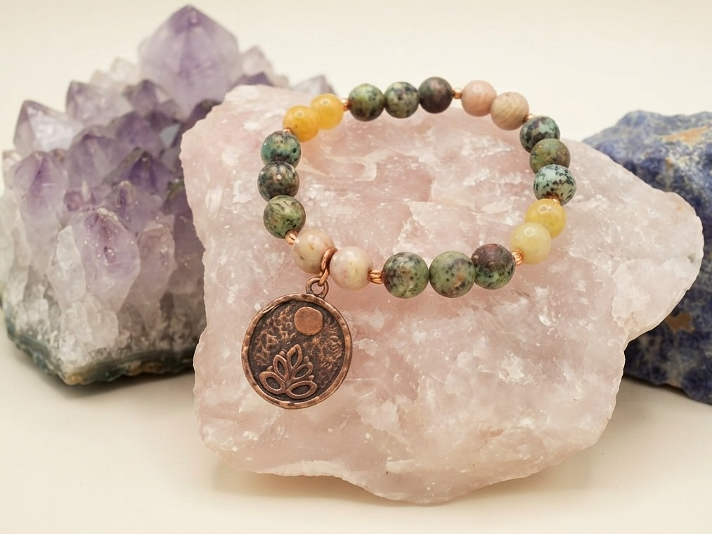 Bracciale in Rodonite, Calcite Gialla e Turchese Africano con Charm Fiore di Loto – Perle naturali da 8 mm