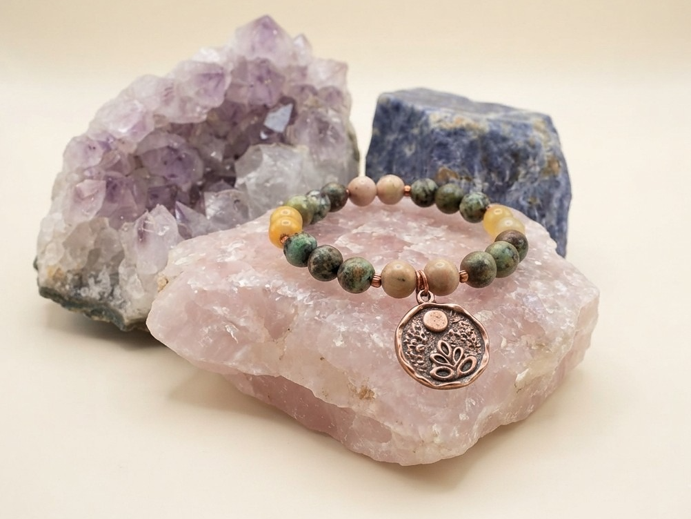 Bracciale in Rodonite, Calcite Gialla e Turchese Africano con Charm Fiore di Loto – Perle naturali da 8 mm