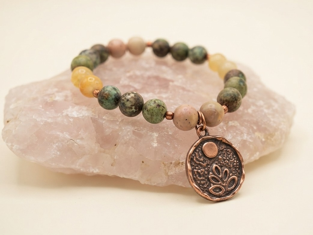 Bracciale in Rodonite, Calcite Gialla e Turchese Africano con Charm Fiore di Loto – Perle naturali da 8 mm