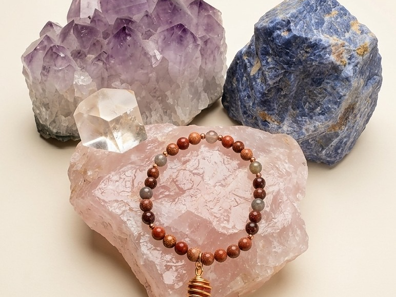 Bracciale in Diaspro Brecciato, Occhio di Bue ed Eliotropio con Ciondolo in Diaspro Rosso – Perle naturali da 6 mm