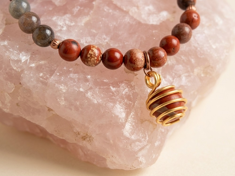 Bracciale in Diaspro Brecciato, Occhio di Bue ed Eliotropio con Ciondolo in Diaspro Rosso – Perle naturali da 6 mm