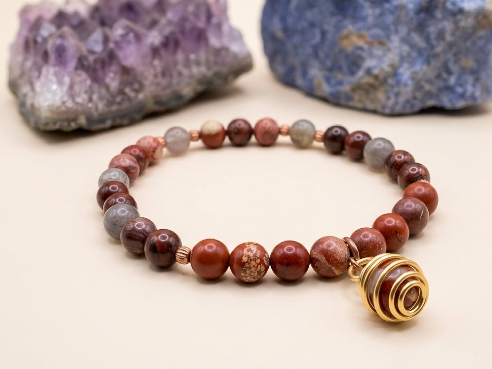 Bracciale in Diaspro Brecciato, Occhio di Bue ed Eliotropio con Ciondolo in Diaspro Rosso – Perle naturali da 6 mm