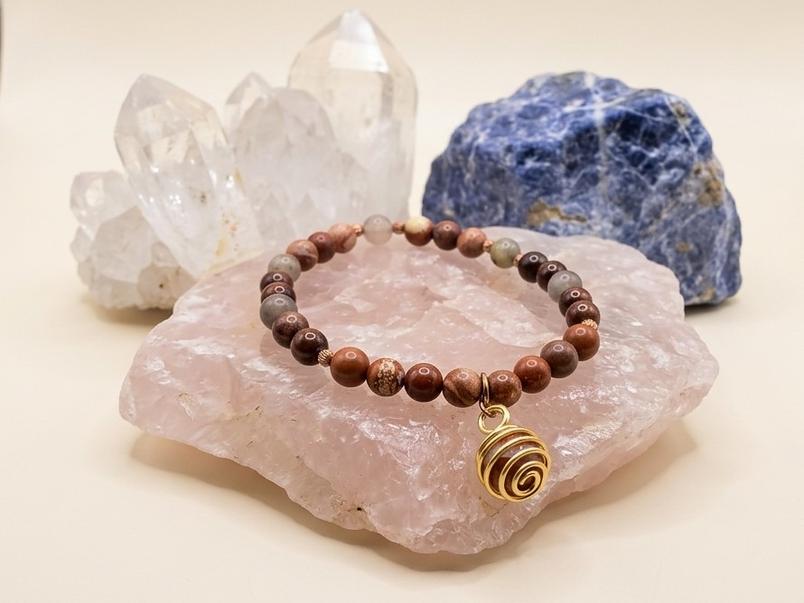 Bracciale in Diaspro Brecciato, Occhio di Bue ed Eliotropio con Ciondolo in Diaspro Rosso – Perle naturali da 6 mm
