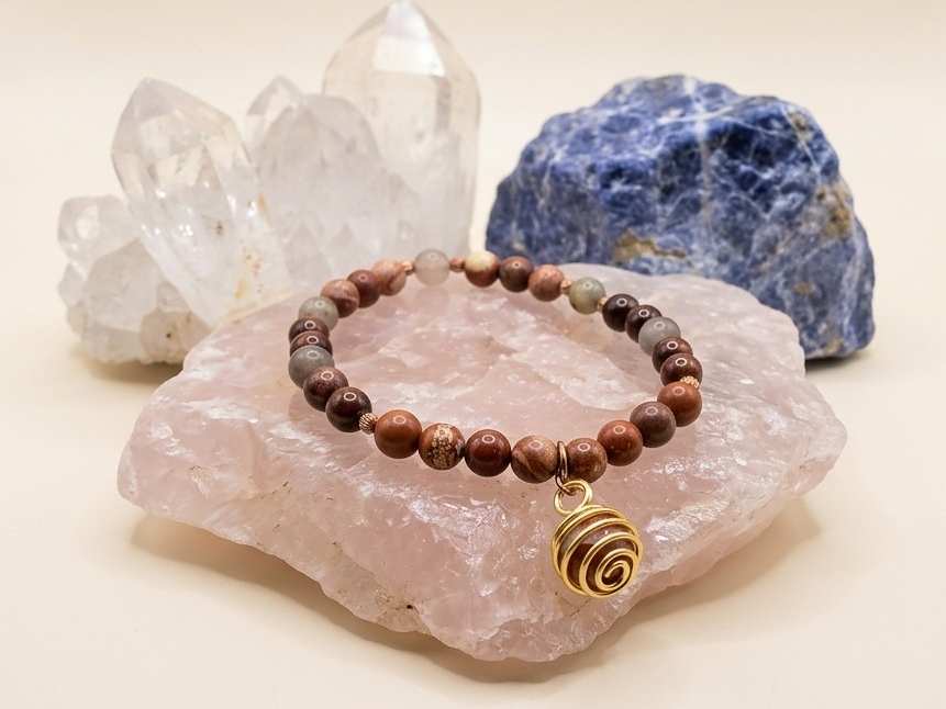 Bracciale in Sangue di Drago, Diaspro Brecciato e Bronzite con Ciondolo in Diaspro Rosso – Perle naturali da 6 mm