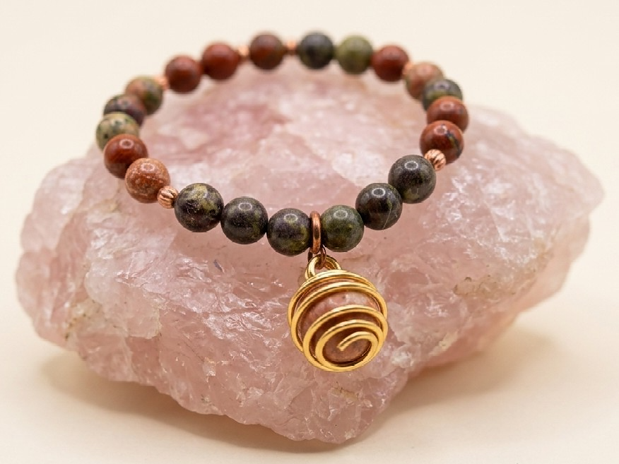 Bracciale in Sangue di Drago, Diaspro Brecciato e Bronzite con Ciondolo in Diaspro Rosso – Perle naturali da 6 mm