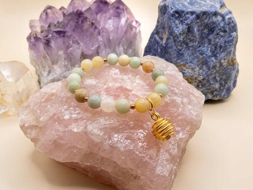 Bracciale in Calcite Gialla e Amazzonite Multicolore con Ciondolo in Calcite Gialla – Perle naturali da 8 mm