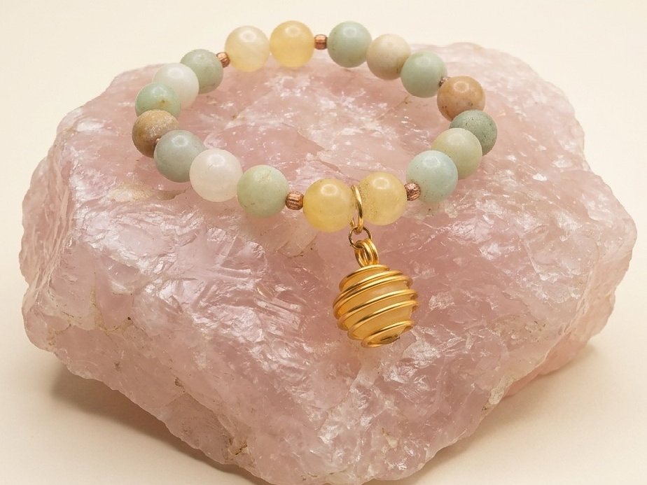 Bracciale in Calcite Gialla e Amazzonite Multicolore con Ciondolo in Calcite Gialla – Perle naturali da 8 mm