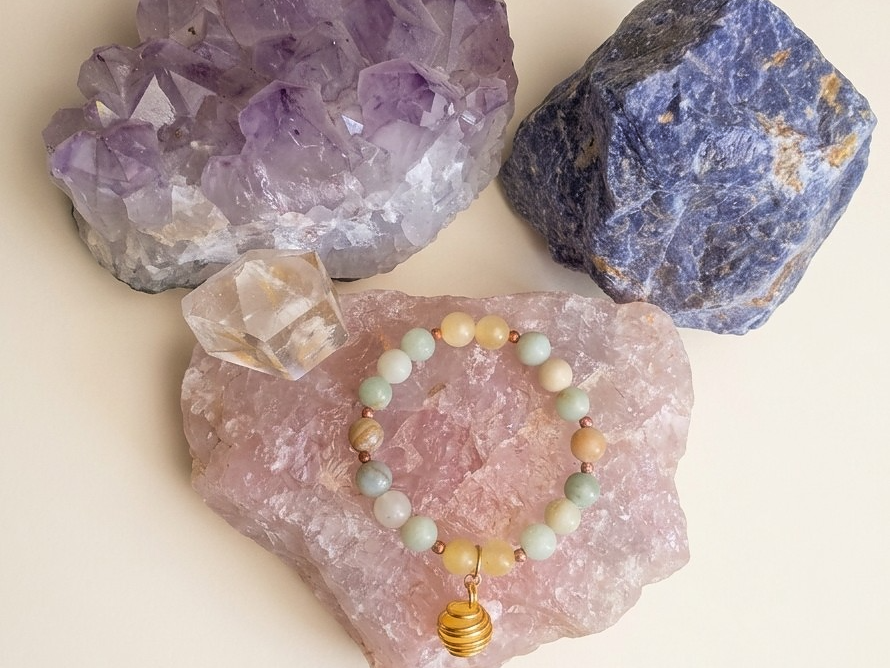 Bracciale in Calcite Gialla e Amazzonite Multicolore con Ciondolo in Calcite Gialla – Perle naturali da 8 mm