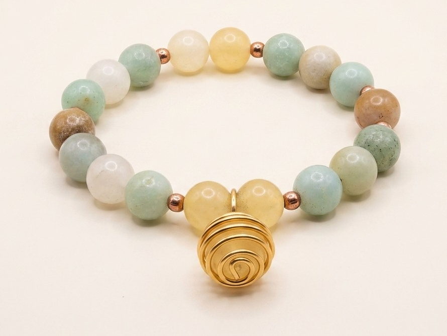 Bracciale in Calcite Gialla e Amazzonite Multicolore con Ciondolo in Calcite Gialla – Perle naturali da 8 mm