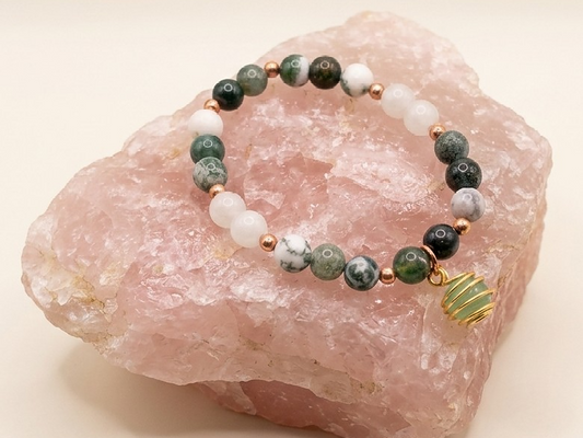 Bracciale in Agata Albero, Agata Muschiata e Agata Bianca con Ciondolo in Avventurina – Perle naturali da 8 mm