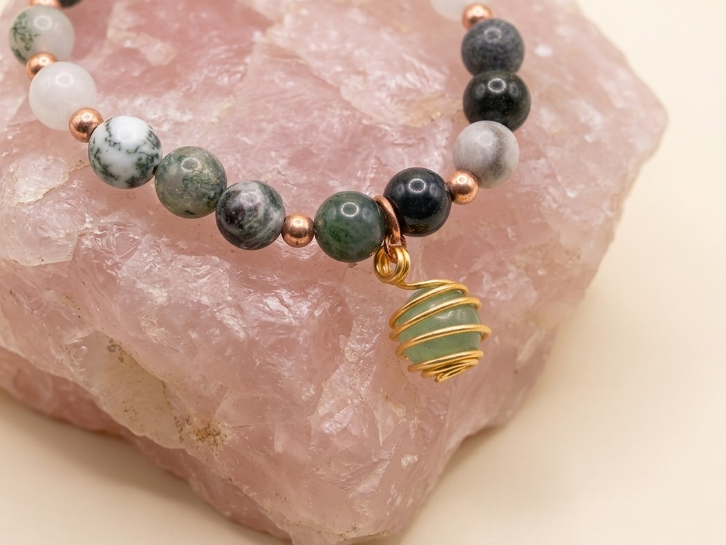 Bracciale in Agata Albero, Agata Muschiata e Agata Bianca con Ciondolo in Avventurina – Perle naturali da 8 mm