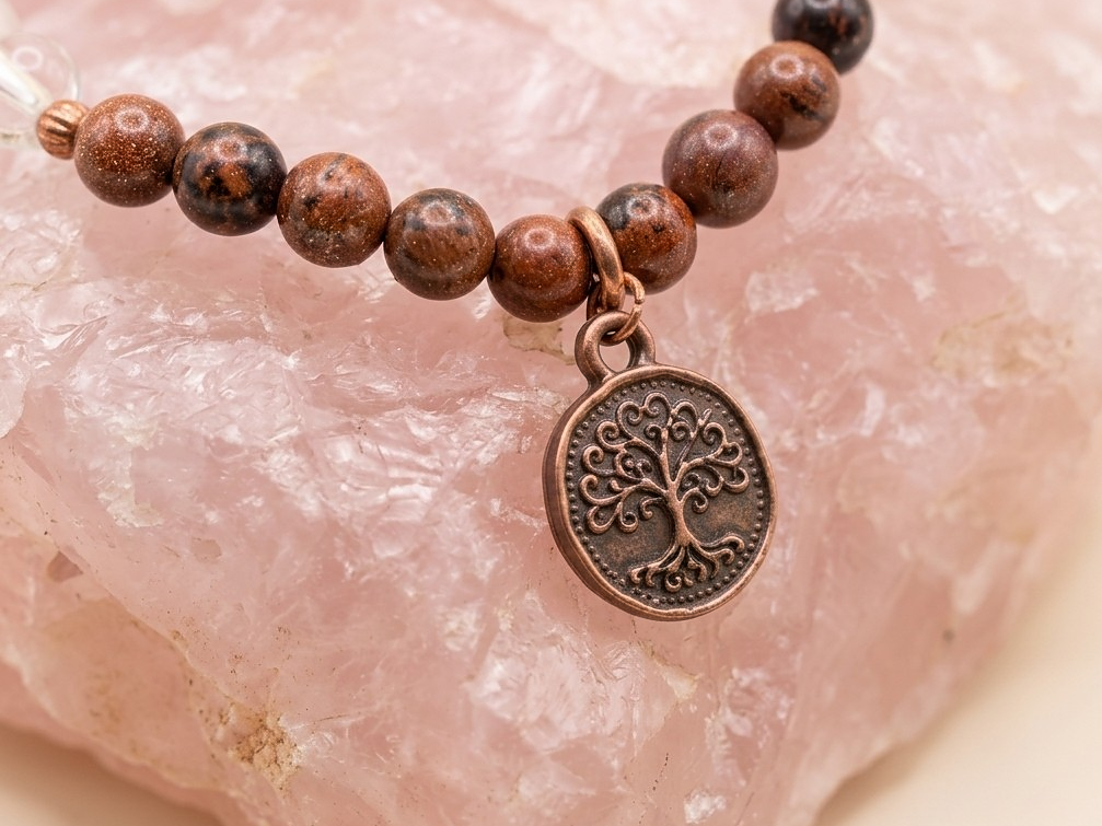 Bracciale in Ossidiana Mogano, Cristallo di Rocca e Occhio di Bue con Charm Albero della Vita – Perle naturali da 6 mm