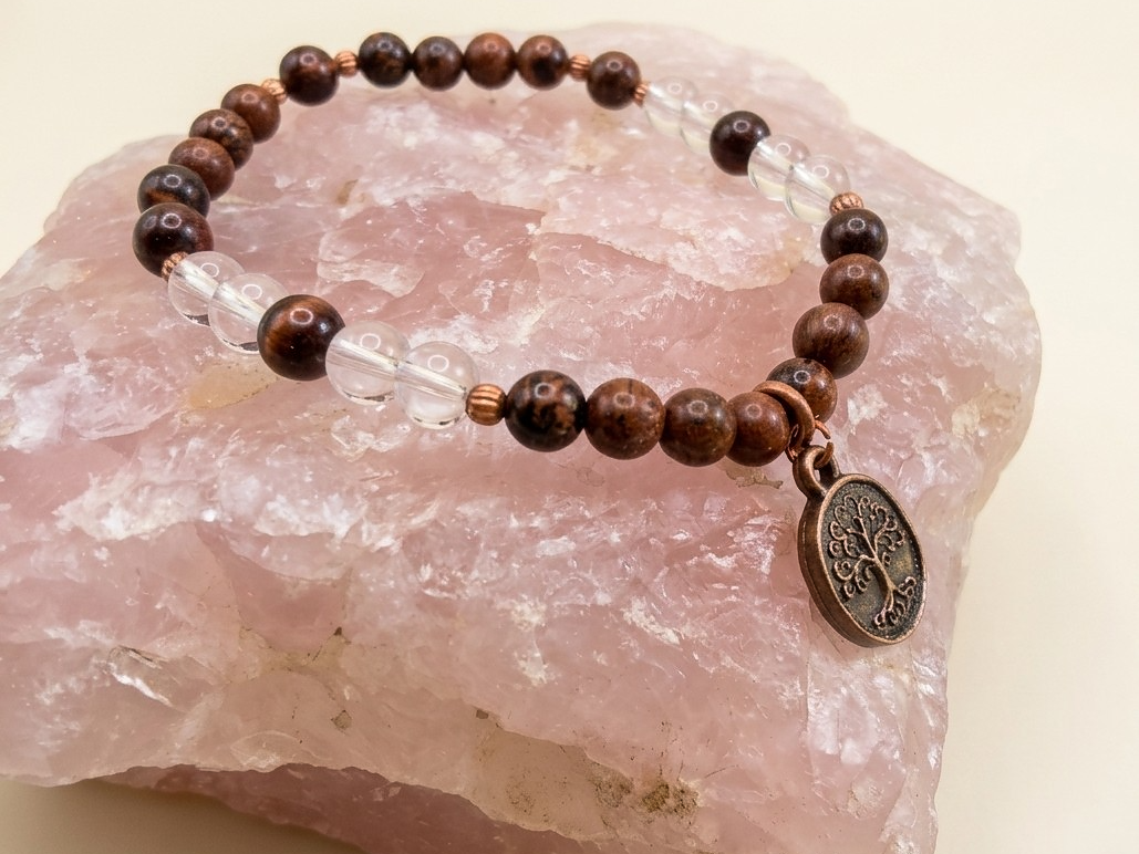 Bracciale in Ossidiana Mogano, Cristallo di Rocca e Occhio di Bue con Charm Albero della Vita – Perle naturali da 6 mm