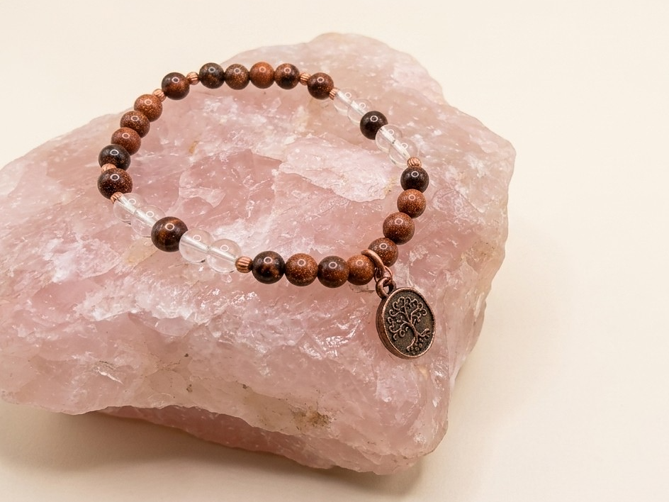 Bracciale in Ossidiana Mogano, Cristallo di Rocca e Occhio di Bue con Charm Albero della Vita – Perle naturali da 6 mm