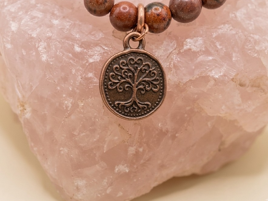 Bracciale in Ossidiana Mogano, Cristallo di Rocca e Occhio di Bue con Charm Albero della Vita – Perle naturali da 6 mm