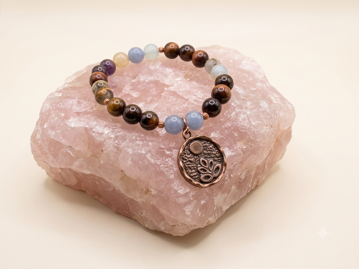 Bracciale in Occhio di Bue, Calcite Blu e Acquamarina con Charm Fiore di Loto alla Luna Piena – Perle naturali da 8 mm