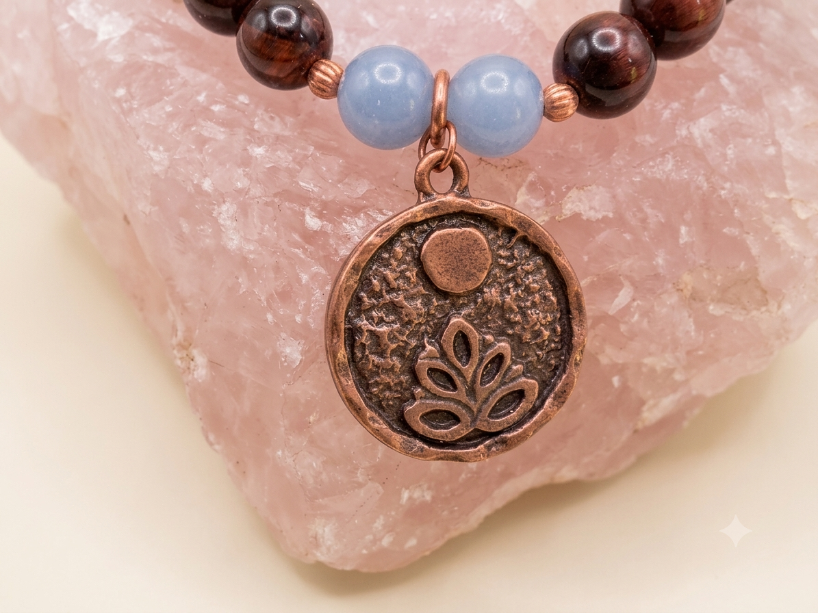 Bracciale in Occhio di Bue, Calcite Blu e Acquamarina con Charm Fiore di Loto alla Luna Piena – Perle naturali da 8 mm