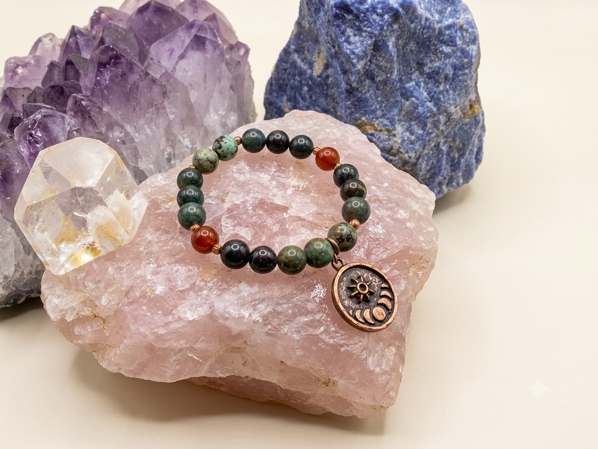 Bracciale in Agata Muschiata, Turchese Africano e Agata Rossa con Charm Stella e Fasi Lunari – Perle naturali da 8 mm