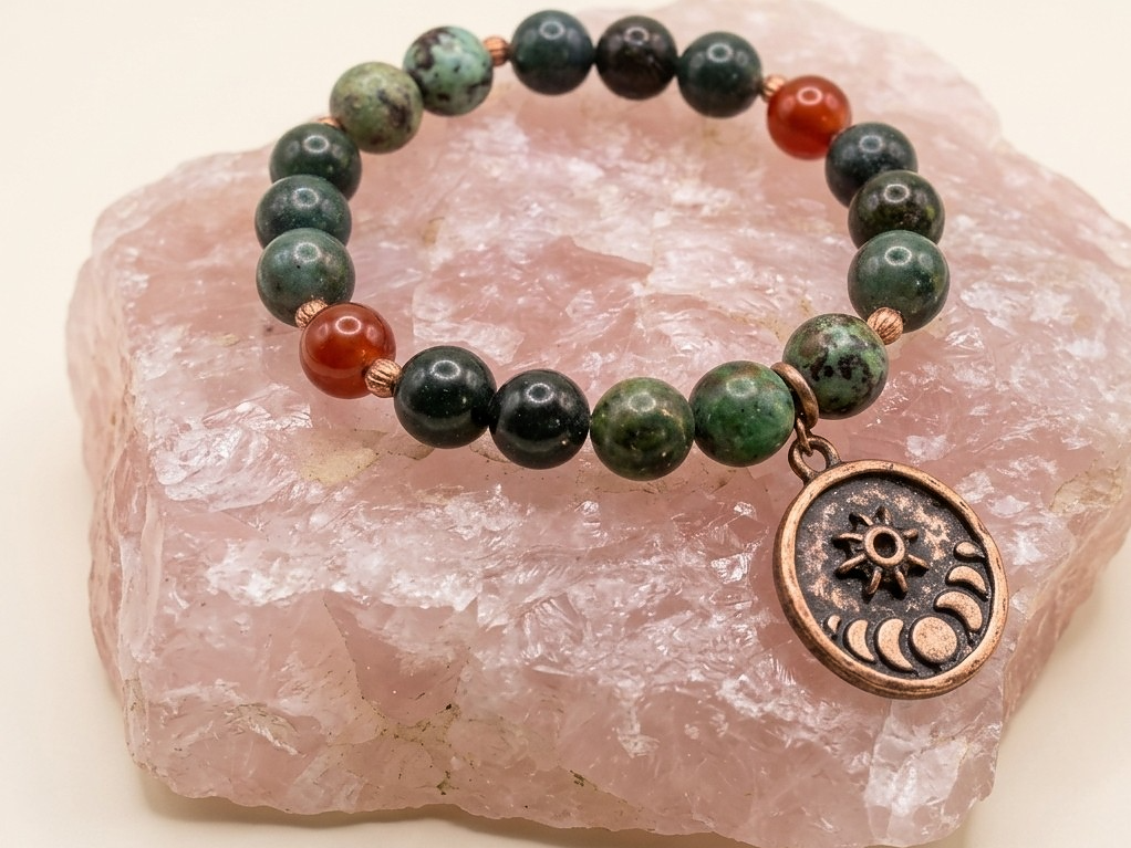 Bracciale in Agata Muschiata, Turchese Africano e Agata Rossa con Charm Stella e Fasi Lunari – Perle naturali da 8 mm