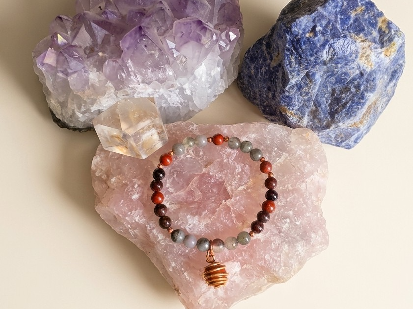 Bracciale in Eliotropio, Occhio di Bue e Diaspro Rosso con Ciondolo in Diaspro Rosso – Perle naturali da 6 mm