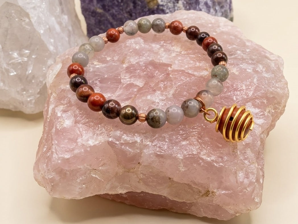Bracciale in Eliotropio, Occhio di Bue e Diaspro Rosso con Ciondolo in Diaspro Rosso – Perle naturali da 6 mm