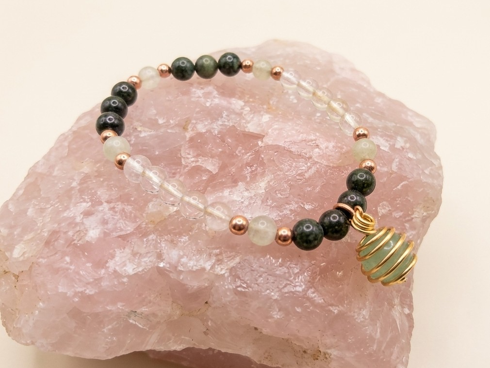 Bracciale in Diaspro Kambaba, Cristallo di Rocca e Giadeite con Ciondolo in Avventurina – Perle naturali da 6 mm