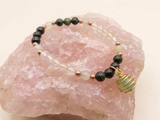 Bracciale in Diaspro Kambaba, Cristallo di Rocca e Giadeite con Ciondolo in Avventurina – Perle naturali da 6 mm