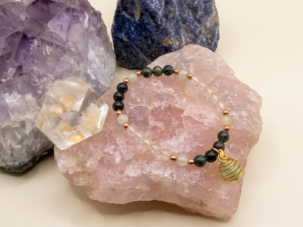 Bracciale in Diaspro Kambaba, Cristallo di Rocca e Giadeite con Ciondolo in Avventurina – Perle naturali da 6 mm