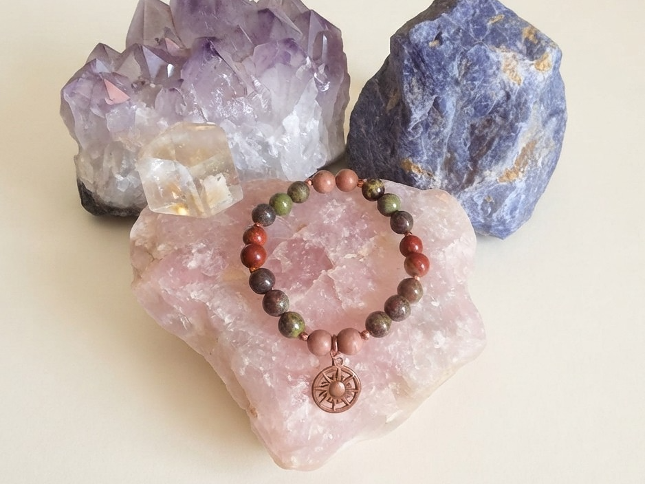 Bracciale in Sangue di Drago, Diaspro Brecciato e Rodonite con Charm Stella – Perle naturali da 8 mm