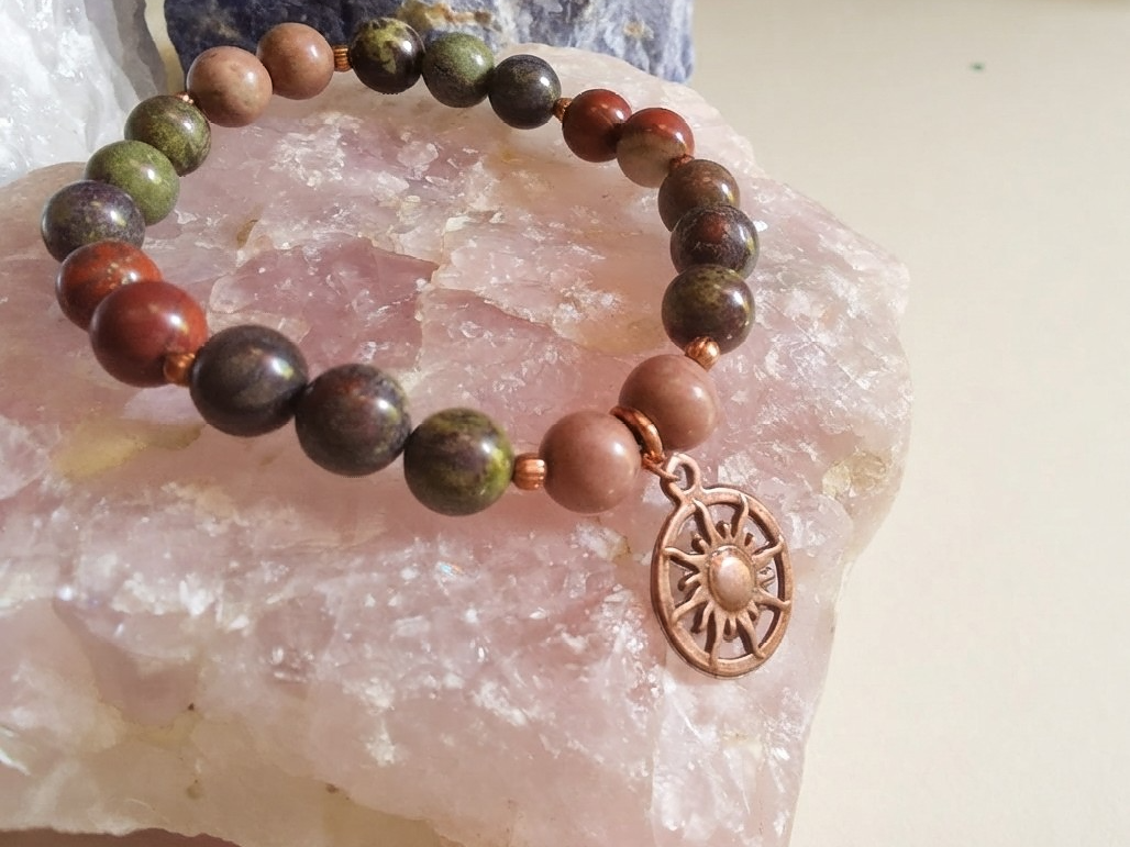 Bracciale in Sangue di Drago, Diaspro Brecciato e Rodonite con Charm Stella – Perle naturali da 8 mm