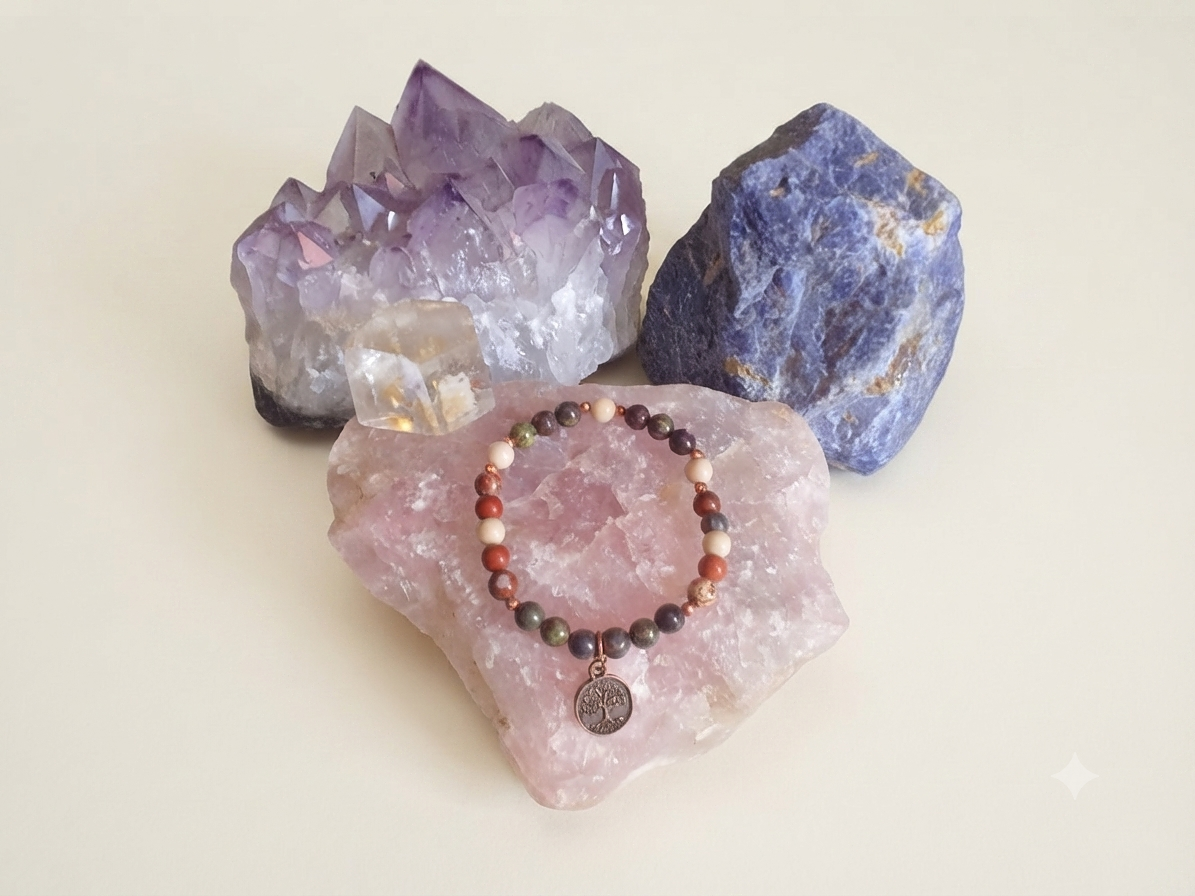 Bracciale in Sangue di Drago, Diaspro Brecciato e Diaspro Bianco con Charm Albero della Vita – Perle naturali da 6 mm