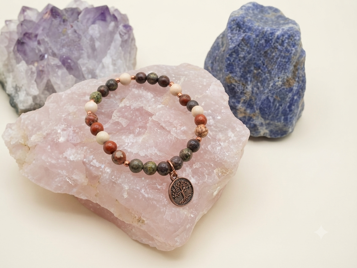 Bracciale in Sangue di Drago, Diaspro Brecciato e Diaspro Bianco con Charm Albero della Vita – Perle naturali da 6 mm
