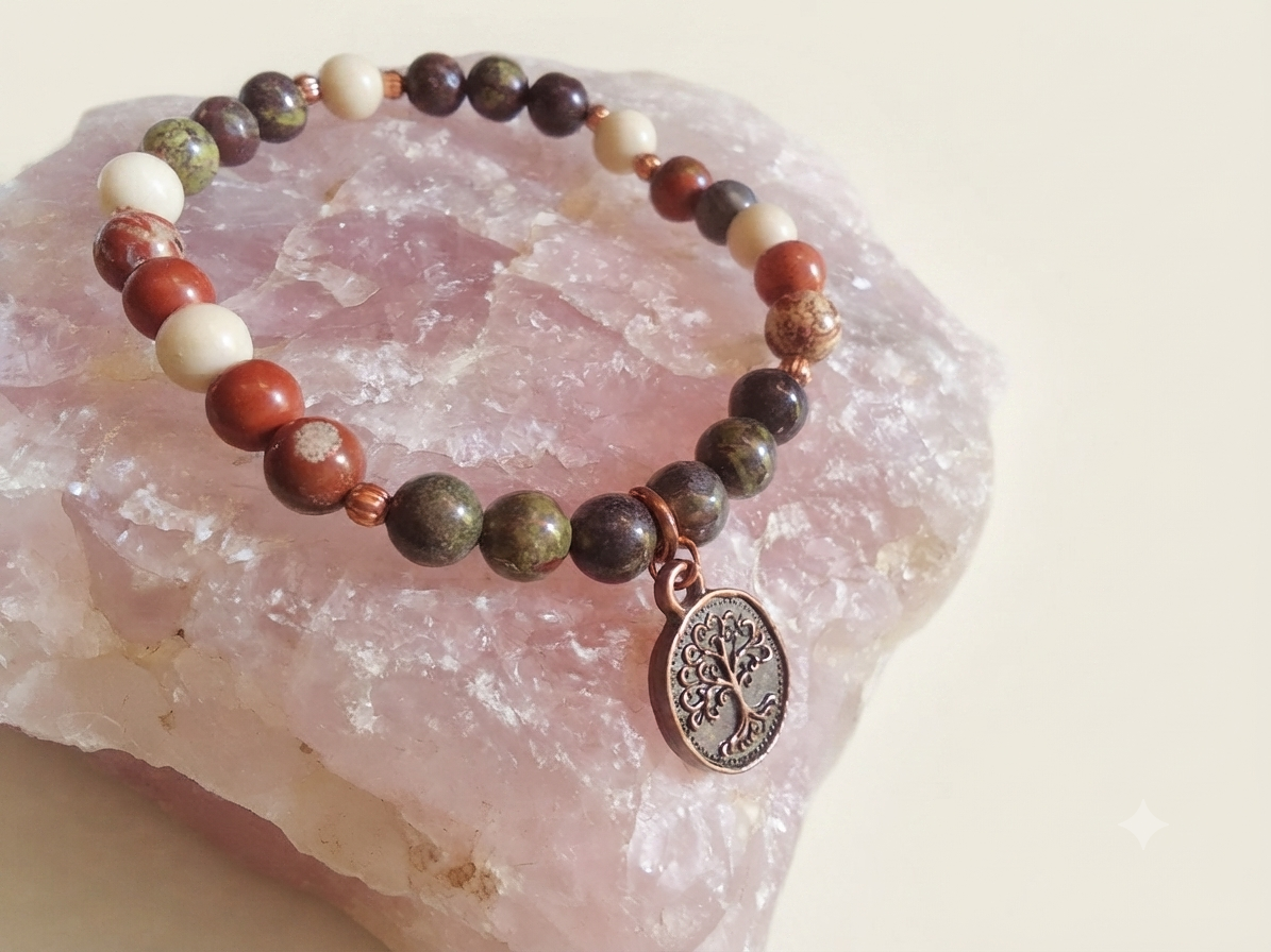 Bracciale in Sangue di Drago, Diaspro Brecciato e Diaspro Bianco con Charm Albero della Vita – Perle naturali da 6 mm
