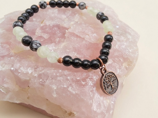 Bracciale in Onice, Giadeite e Ossidiana Fiocco di Neve con Charm Albero della Vita – Perle naturali da 6 mm