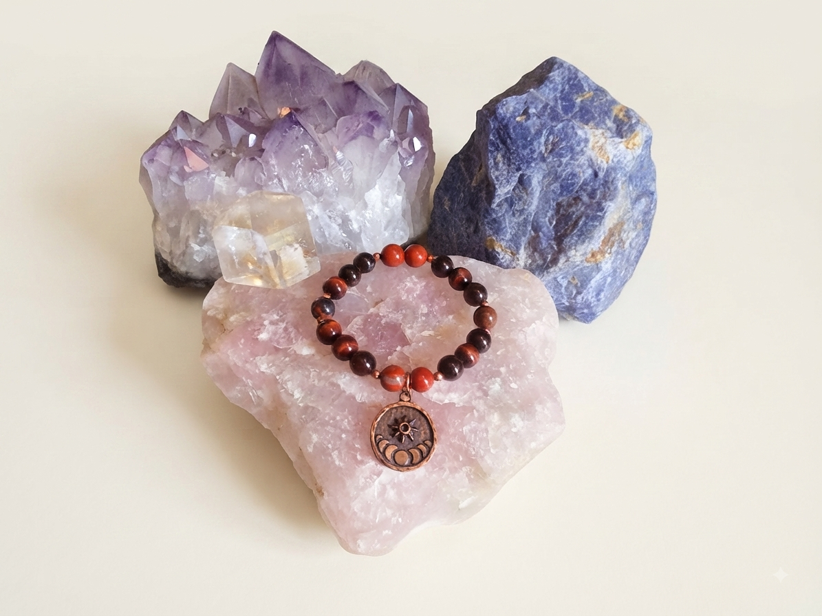 Bracciale in Diaspro Rosso e Occhio di Bue con Charm Stella e Fasi Lunari – Perle naturali da 8 mm
