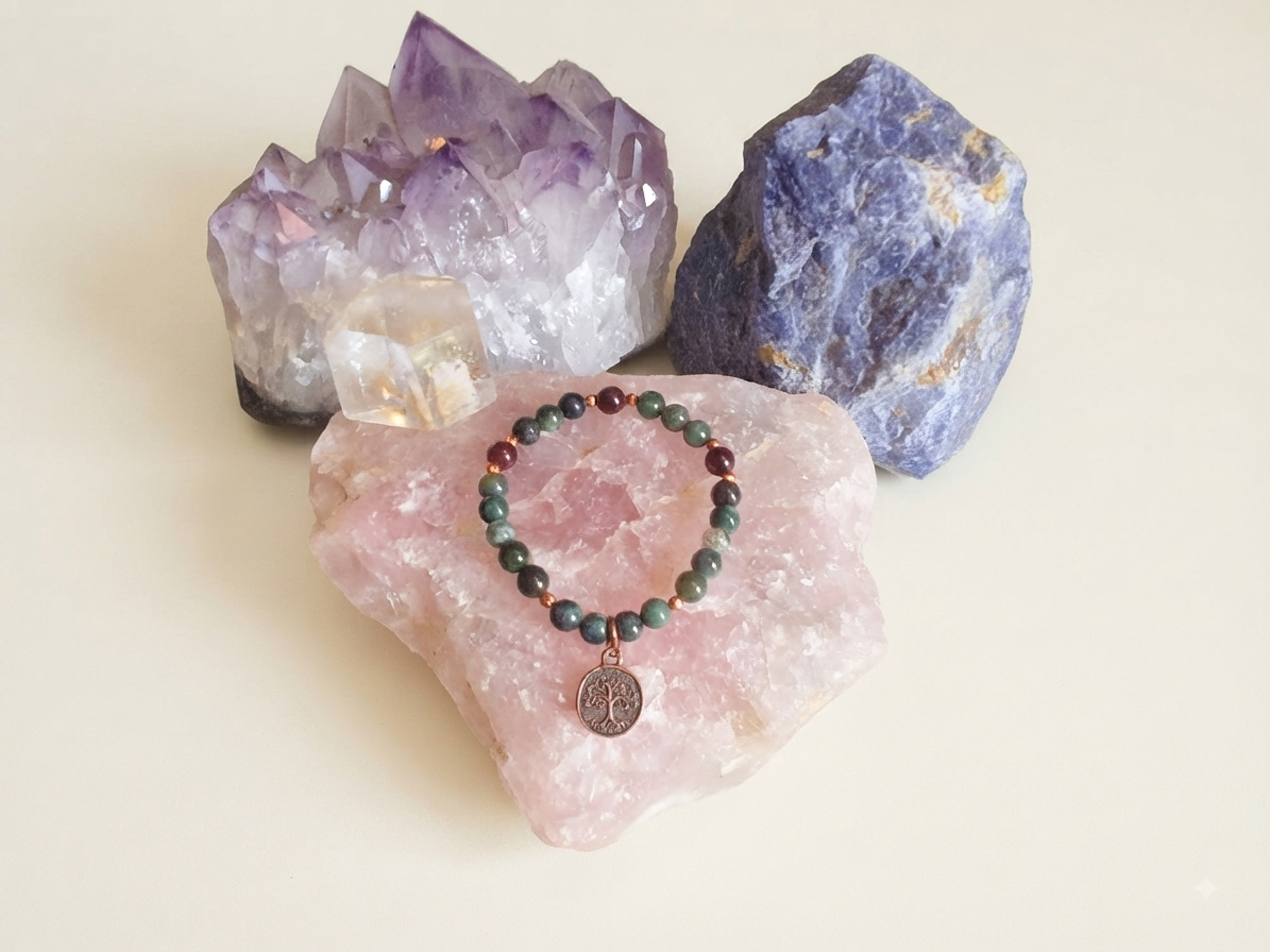 Bracciale in Agata Muschiata, Agata Albero e Granato Almandino con Charm Albero della Vita – Perle naturali da 6 mm