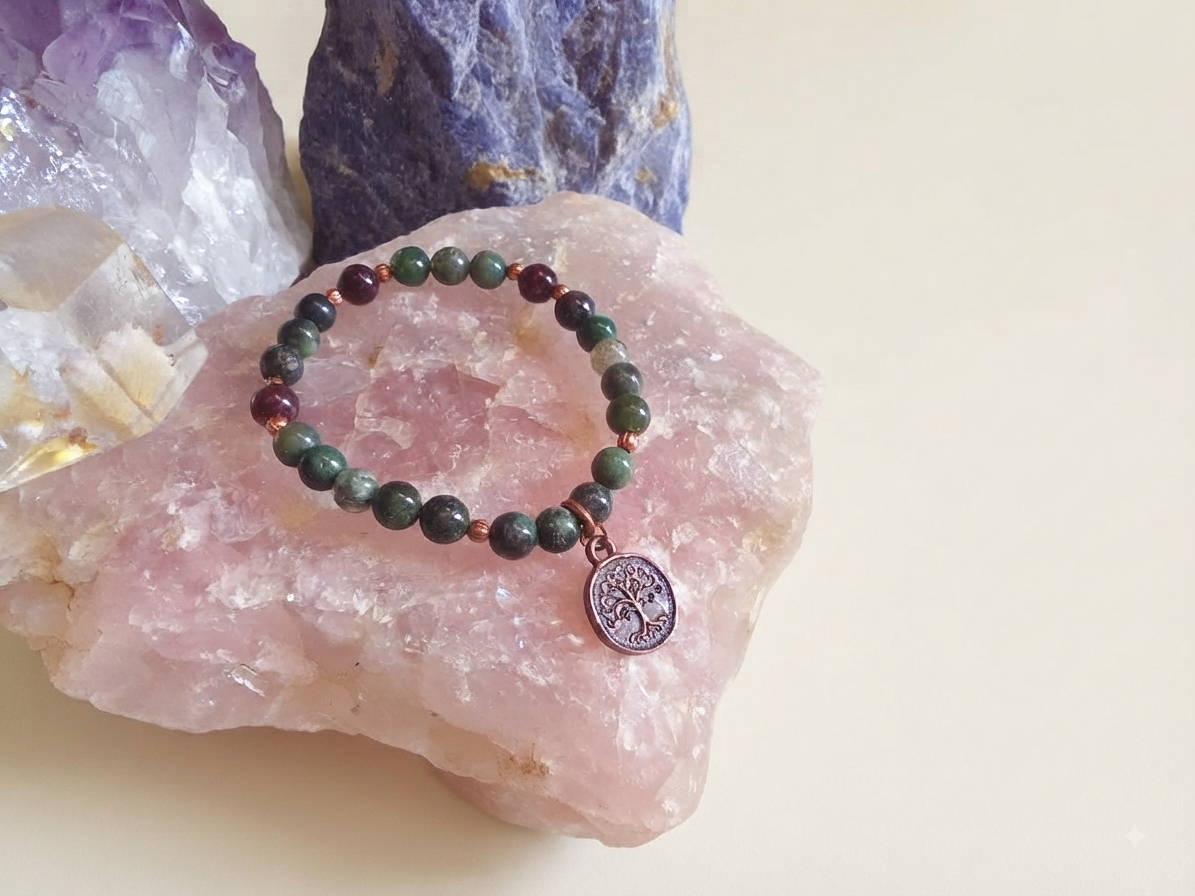 Bracciale in Agata Muschiata, Agata Albero e Granato Almandino con Charm Albero della Vita – Perle naturali da 6 mm