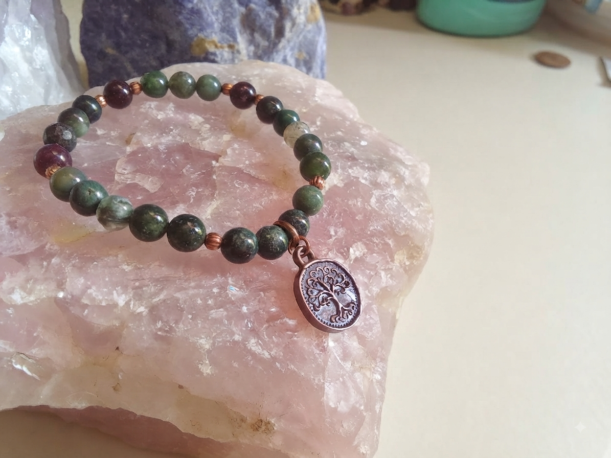 Bracciale in Agata Muschiata, Agata Albero e Granato Almandino con Charm Albero della Vita – Perle naturali da 6 mm
