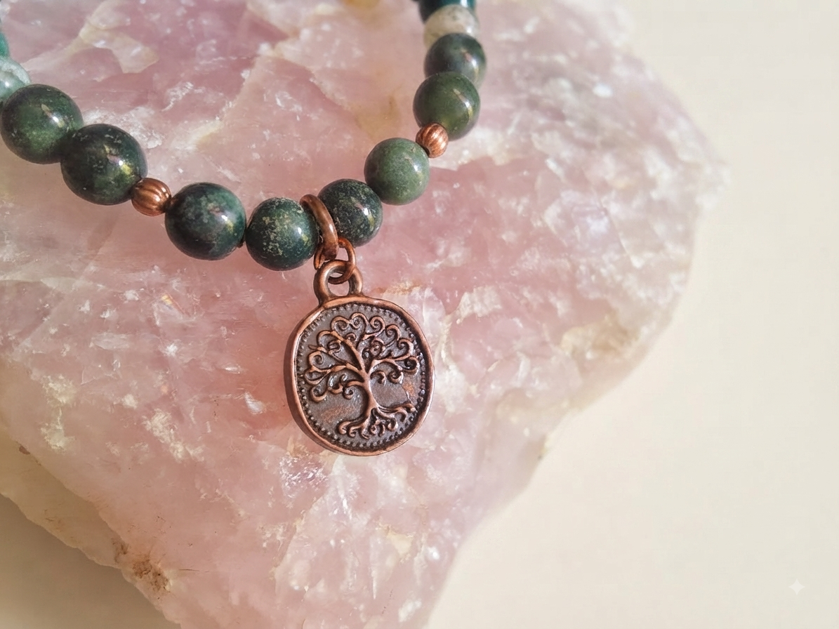 Bracciale in Agata Muschiata, Agata Albero e Granato Almandino con Charm Albero della Vita – Perle naturali da 6 mm