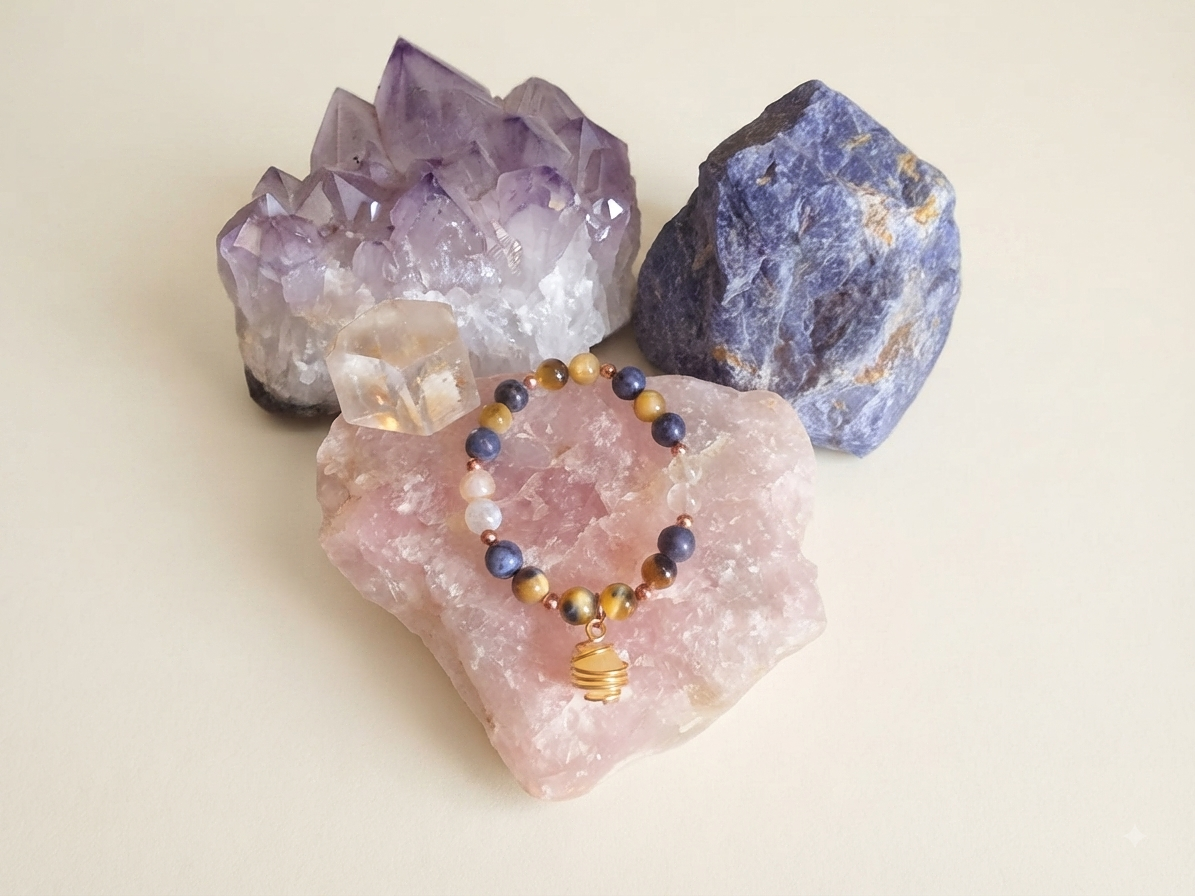 Bracciale in Occhio di Falco Dorato, Quarzo Citrino e Dumortierite con Ciondolo in Calcite Gialla – Perle naturali da 8 mm
