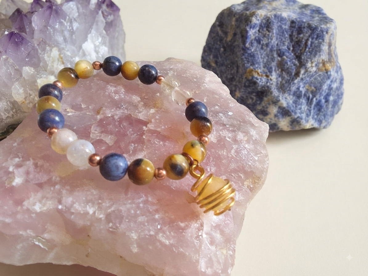 Bracciale in Occhio di Falco Dorato, Quarzo Citrino e Dumortierite con Ciondolo in Calcite Gialla – Perle naturali da 8 mm