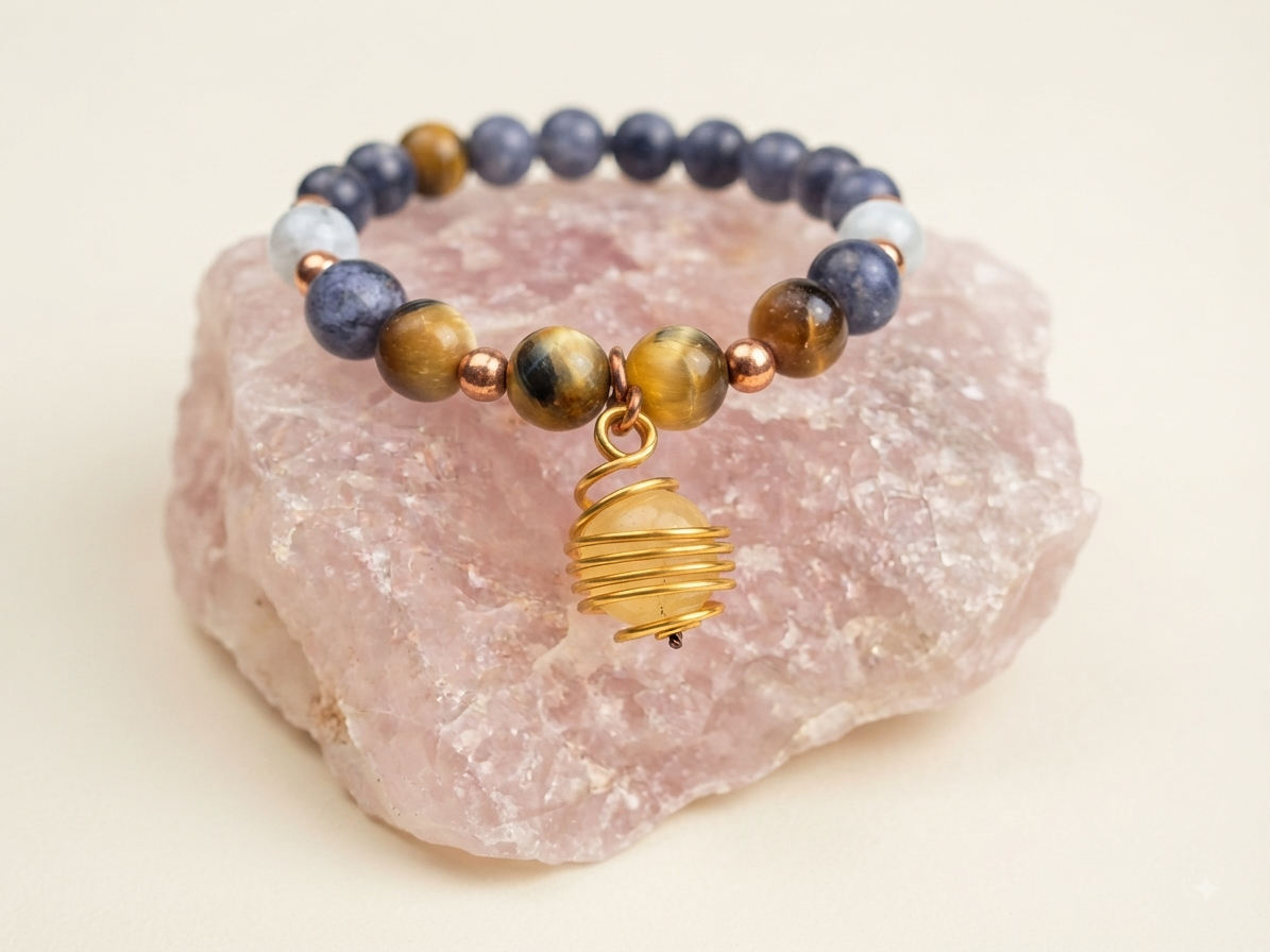 Bracciale in Occhio di Falco Dorato, Quarzo Citrino e Dumortierite con Ciondolo in Calcite Gialla – Perle naturali da 8 mm