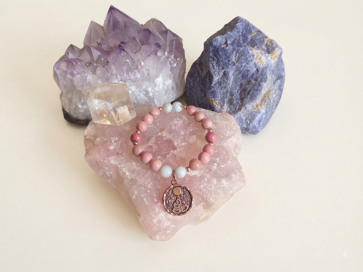 Bracciale in Rodonite e Calcedonio Azzurro con Charm Fiore di Loto alla Luna Piena – Perle naturali da 8 mm
