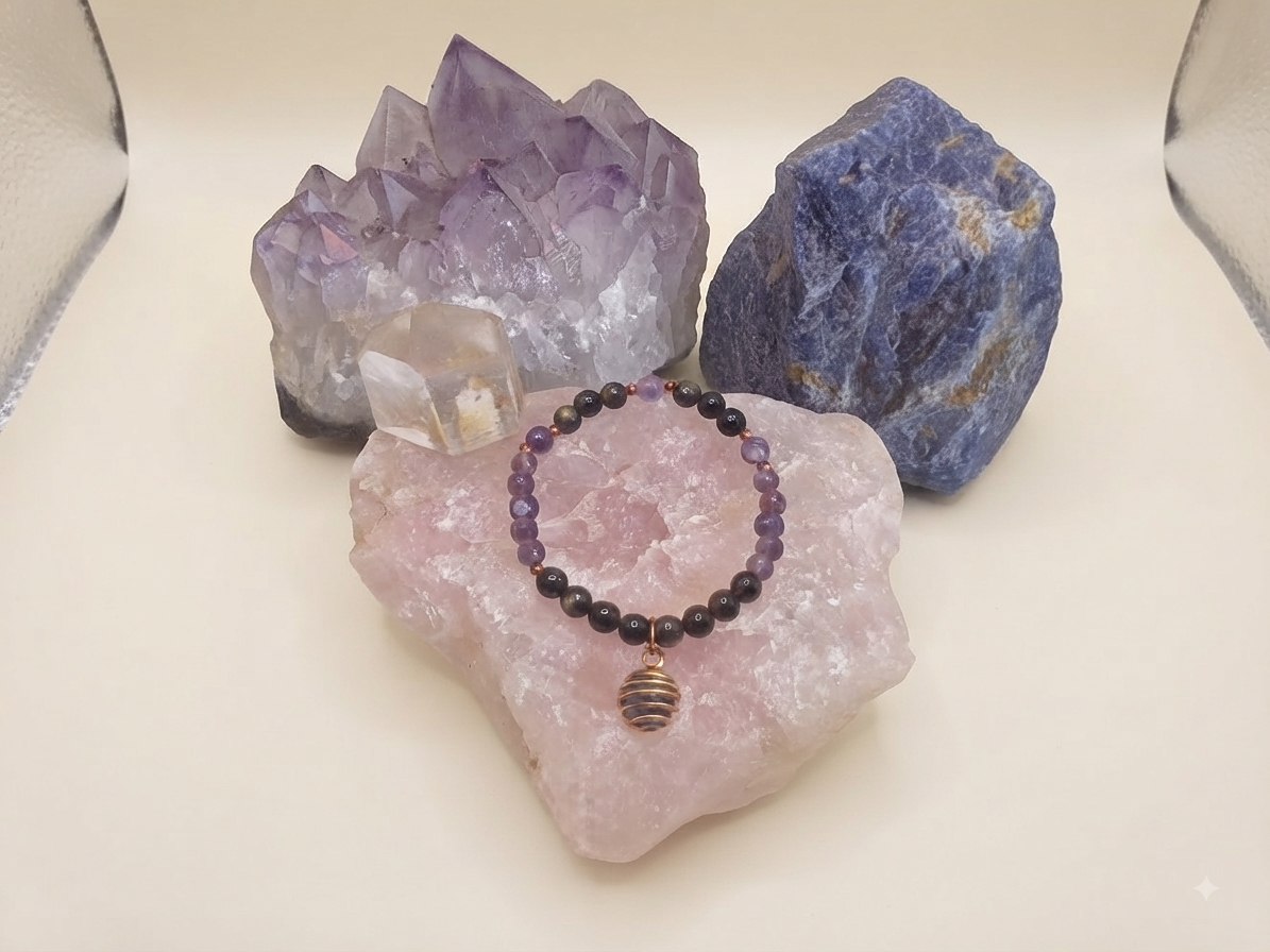 Bracciale in Ossidiana Dorata e Ametista con Ciondolo in Ametista – Perle naturali da 6 mm
