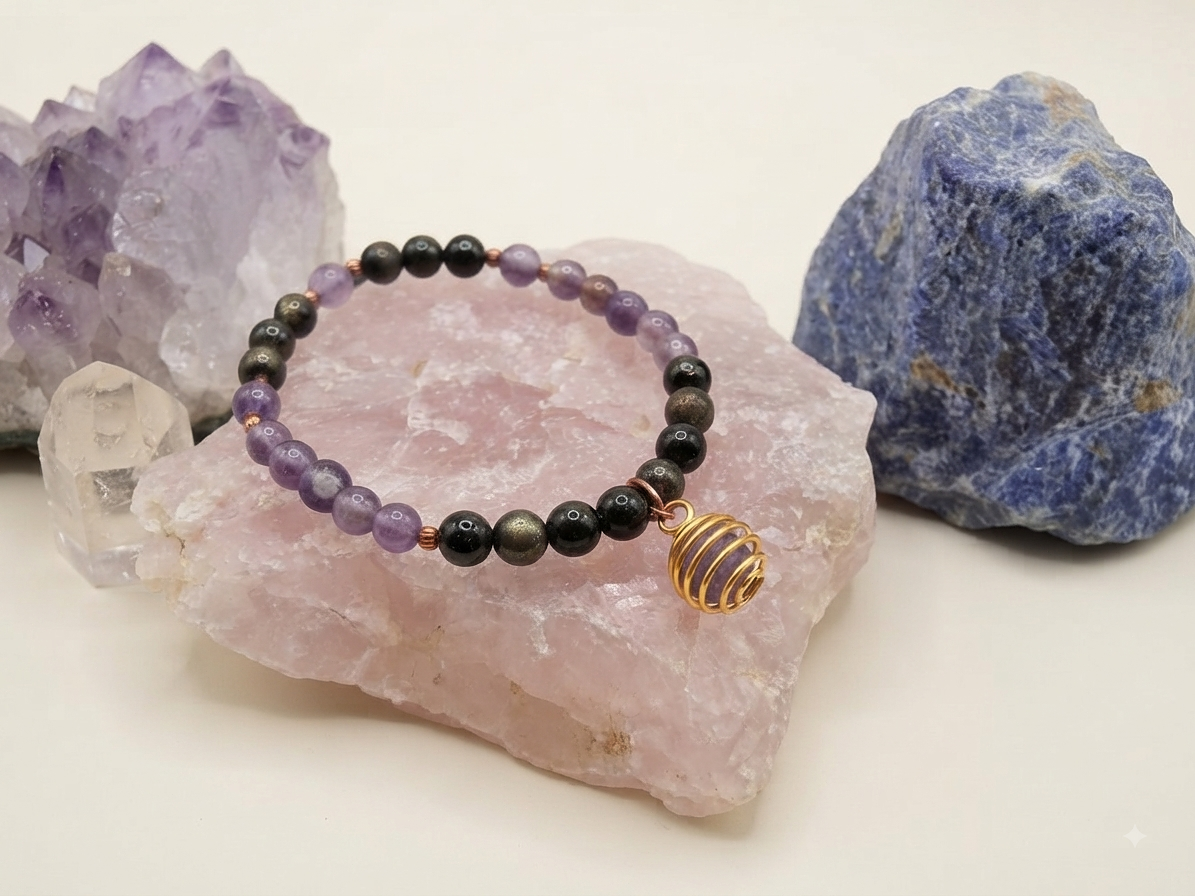 Bracciale in Ossidiana Dorata e Ametista con Ciondolo in Ametista – Perle naturali da 6 mm