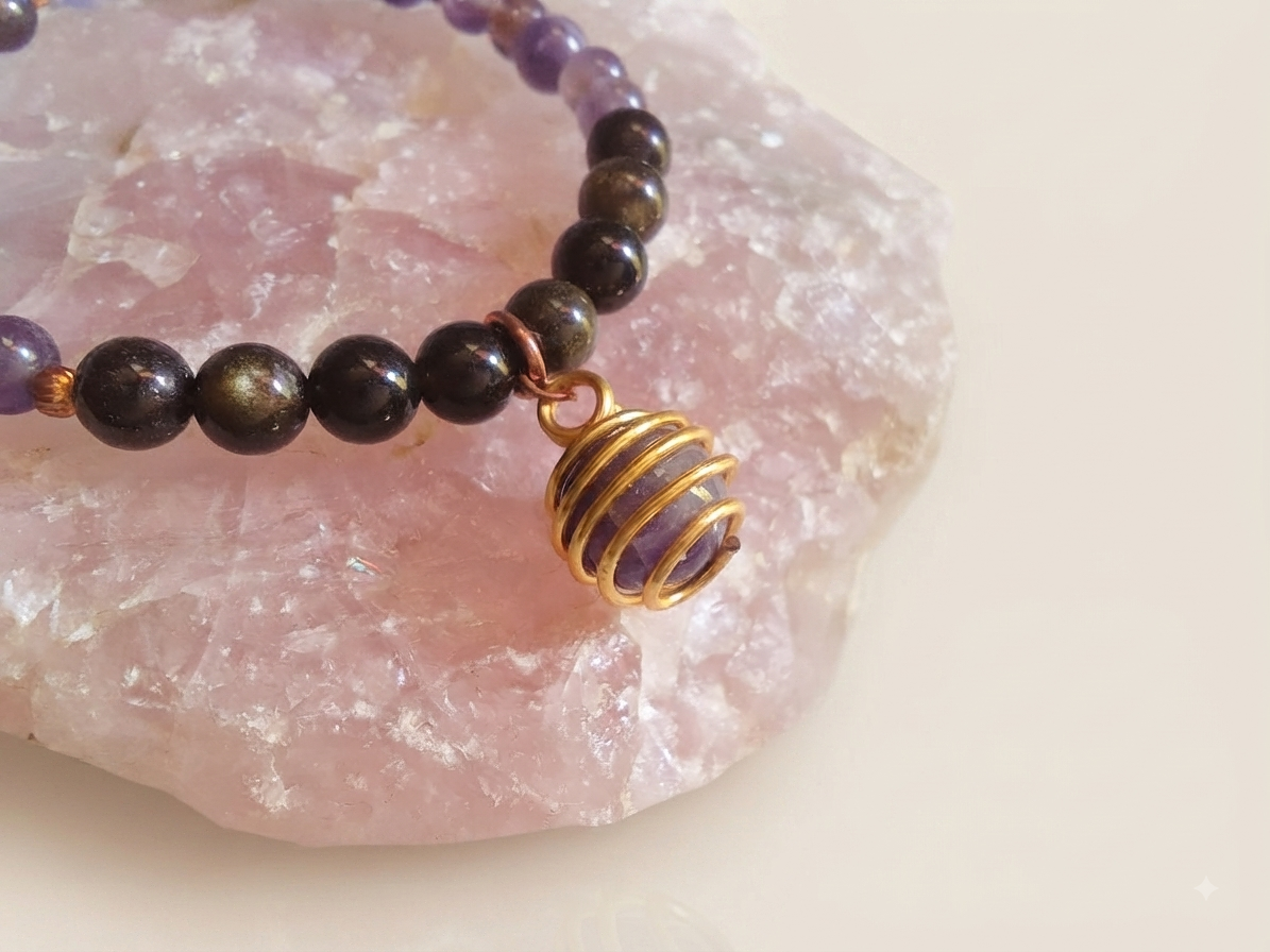 Bracciale in Ossidiana Dorata e Ametista con Ciondolo in Ametista – Perle naturali da 6 mm